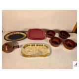 KAKOWLEY ROUND CASSEROLE - EARTH & WEAR STYLE BOWL - (4) LONGABERGER POTTERY PLATES - (4) SOUP BOWLS, ONE IS CRACKED - RELIGIOUS TRAY - SERVING TRAY