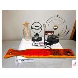 COLLECTION OF GAMES/NOVELTIES - PINE PADDLE "HEAT FOR THE SEAT" - MINI DIRECTORS CHAIR "THE BOSS" - CHEVROLET EMBLEM