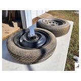 (2) TIRES- (1)CUSTOM 428 OFF SEASON TIRE AND RIM- M + S- P155/80R 13- 5 HOLE- (1)FIRESTONE TEMPORARY SPARE T125/80D 13