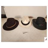 ADORA HAT- BROWN- W/ LEATHER BAND SIZE 7 TO 7-1/4"- WHITE FEDORA STYLE HAT W/ BLACK BAND- BLACK GREG NORMAN STRAW FISHING HAT W/ SHARK LOGO BAND_x000d_
_x000d_
HALL CLOSET