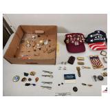 COLLECTION OF MEMBERSHIP PINS FROM ELKS - DATED - SOME WITH NAMES - MONEY CLIPS - BELT BUCKLES - WEAKLEY COUNTY AMUSEMENT HAT - CUFF LINKS - MISC ITEMS