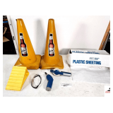 (2) YELLOW SAFETY CONES- HALF BOX OF WHITE PLASTIC SHEET- SAFETY GLASSES-ROTEX 440 LABEL MAKER