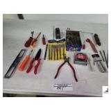 WOOD DRILL BITS- 3/8 TO 1"-SMALL DRILL BITS- WIRE STRIPPER AND PLIERS- SCREWDRIVERS- 25FT TAPE- STANLEY DRILL SAW-