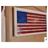 HANGING PAINTED LEAD GLASS STYLE FLAG- WHITE WOOD FRAME- 36" WIDE- 19" TALL- HANGS BY CHAIN