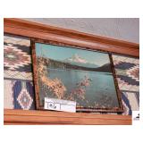 FRAMED RACOON PAINTING- WOOD FRAME- GOLD CLOCK IN CORNER- CONDITION OF CLOCK UNKNOWN- (2) FRAMED FLOWER PRINTS