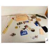 CRACKER BARREL WOODEN BOX - INFLATER POINTS - LONG MATCH LIGHTER (WORKS) - SANYAL FINGER SPINNER KEYCHAIN - FUSES - MISC ITEMS