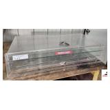 LARGE PLASTIC DISPLAY CASE- NEEDS REGLUING & LOCK HAS BEEN DRILLED- EXTRA LOCK INCLUDED  - REAL FLIP UP DOOR AND PLASTIC SHELVES