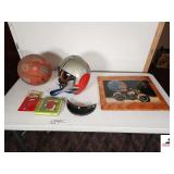 VINTAGE MOTORCYLCE HELMET- HALREY DAVIDSON CLOCK W/ BIKINI CLAD LADY- BASKETBALL, NEEDS CLEANING- MISC ITEMS