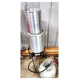 TURKEY FRYER- INCLUDES LARGE STAINLESS POT, STAINLESS STRAINER BASKET, HIGH PRESSURE BURNER STAND, & PROPANE TANK