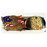 BARON BUCKLES SOLID BRASS "THE RIGHT TO KEEP AND BEAR ARMS" EAGLE & FLAG BELT BUCKLE - AMERICAN LEGION SILVER BUCKLE W/GOLD EMBLEM - TIN BACK PLATE FOR BUCKLE