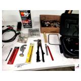 MISC TOOLS- STANLEY MR55 BRADDER- TUBE CUTTER- GLASS CUTTER- SMALL SAWS- K&N BATTERY CHARGER- MICRONTA DIGITAL MULTI-METER- SAFETY GLASSES-12V AIR COMPRESSOR-  CONNECTORS- AIR FILTER CLEANING KIT