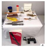 OLD CHARTER COBALT SHOT GLASS - TEX-TITE BOW STRING WAX - OLD CHARTER FISHING LURE - THE MAIN STREET POCKET GUIDE TO AMERICAN LONGARMS BOOK BY H. MICHAEL MADAUS - AMERICAN CAMPER KNIFE & TOOL SET - (2
