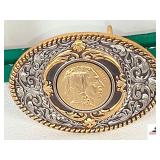 VINTAGE WESTERN BELT BUCKLE- SILVER-TONE DESIGN WITH AMERICAN GOLD COIN IN CENTER W/ 2003 INDIAN HEAD- "LIBERTY"