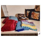 (2) HANDMADE COUCH PILLOWS- FLEECE OWL BLANKET- RED BLANKET- SHADES OF BLUE AFGHAN- KIDS FLEECE BLANKET- BLUE, PURPLE, YELLOW_x000d_
_x000d_
TRAILER