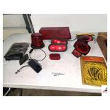 TRAILER LIGHTS- (2) BRAKE LIGHTS- (1) RED RECTANGULAR WARNIGN LIGHT- (1) ROUND SINGULAR RED WARNING LIGHT- (2) SIDE REAR VIEW MIRRORS- SET OF TRAILER LIGHTS- SHOCK CORD SET-KAROKE MIXER AMPLIFIER - MA