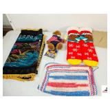 VINTAGE JAPAN TAPESTRY- PLUSH SCOOBY DOO SOCKS- PLUSH PADDINGTON BEAR- (3) FEATHER DUSTERS W/ EXPANDABLE HANDLES- GLASS WIPE WIZARD