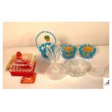 AMBERINA CANDY JAR W/ CANDLE PRESSED GLASS PERFUME BOTTLE - DECORATIVE CANDLE HOLDERS - BIRD COVERED DRESSER BOX