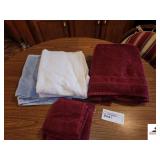 (9) LARGE BATH TOWELS- RED, BLUE, WHITE WASH CLOTHS-