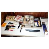 PAINT SUPPLIES - ROLLER - SHEETROCK KNIFE SPREADER - EXTENDED SCRAPER  (NEW) - RUBBERMAID 7 PC. KITCH & BATH KIT -  NEW PAINT BRUSHERS ( 1 COATER 3" BRUSH - SMALL BRUSHES - 5 ROLLERS - WALL ROLLER -