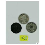(3) SILVER WASHINGTON 25 CENT COINS - 1935 LIBERTY WASHINGTON SILVER 25 CENT PIECE - 1948 LIBERTY WASHINGTON SILVER 25 CENT PIECE - 1945 WASHINGTON SILVER 25 CENT PIECE - ROUGH & BLACK COATED ON REVER