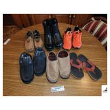 (6) PAIRS OF MENS SHOES - RAFORD EXCHANGE LOAFERS (12) - CLAWHOO TENNIS SHOE (12) - NEON ORANGE - BRAND NEW BLACK HOUSE SHOES - (11/12) - RED/ BLACK FLIP FLOPS  -  MENS HOUSE SHOES - THERMA KING MENS 