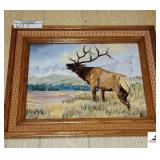 FRAMED ELK PAINTING ON CANVAS- NATURAL FRAME - SMALL TABLE LAMP - BRASS BASE