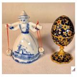 VICTORIAN STYLE LADY BELL W/ 2 SWINGING POTS- GOLD DECORATIVE EGG WITH JEWELS, OPENS UP TO JEWELRY STORAGE