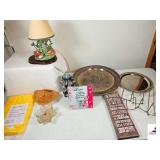 (2) SILVER PLATED TRAYS - BANANA SAVER BAG -  CANDLE HOLDERS - ELECTRIC DECORATIVE LAMP WITH BUNNY & WATERING CAN - PLATE STANDS - WALL DECOR - UNITED STATES NAVY CANDLE - DISPLAY CUP HOLDERS