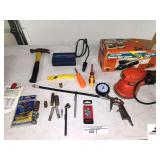 BLACK & DECKER RANDOM ORBIT SANDER- 4PC COUPLER SET- HAMMER- TIRE GAUGE- TIRE AIR HOSE WITH METER- OTHER SMALL MISC TOOLS