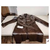 SEARS BROWN OUTER WEAR BROWN COAT WITH LINER  (40R 100% PVC VINYL- FACE & BACK RAYON - ZIP OUT LINER - SEARS MENS STORE - BELT - EAST END OF CLOSET)