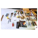 VINTAGE PETRACTORS & CALIBERS - AMERICAN HAND TOOLS - NUT STARTER PANELS - PENSILS- SCREWS - NAILS - FILES - JIG SAW BLADE (5" LONG) - TAPE  - VINTAGE CASH BOOK - INDEX CARDS