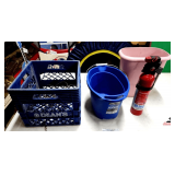 FIRST ALERT FIRE EXTINGUISHER- BLUE PLASTIC CRATE- PLASTIC GARBAGE CAN- BLUE PLASTIC MOP BUCKET- (3) FIREBALL BUCKETS WITH POTTING SOIL