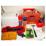 CAR PRODUCTS - DELUXE TIRE PLUG KIT - REPAIR HAMMER - MERCEDES EMBLEM - KINCO LEATHER GLOVES - FUZZY DICE - BLACK SHINE TIRE & TRIM COATING - AUTOMOTIVE HEADLINER ADHESIVE - PRAIRIE FARMS MILK CRATE -
