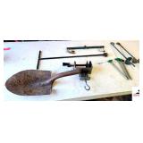 WATER CUT OFF - CLAMP TABLE VISE - METAL GAMIN POLE - 5 TENT STAKES - SHOVEL HEAD