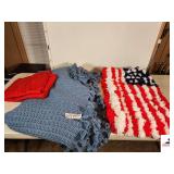 KNITTED SPREAD WITH RUFFLE EDGE - AMERICAN FLAG BATH MAT - SMALL BLANKET-. (TRAILER)