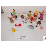 COLLECTION OF MINIATURE TOYS- CALIFORNIA RAISIN, POLE DANCER, CAR, FLINTSTONE CHARACTERS- U.S.A. MOOSE, DANCING GIRL, MISC