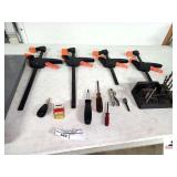 (2) LARGE QUICK GRIP BAR CLAMPS- (2) SMALL QUICK GRIP BAR CLAMPS- MISC DRILL BIT SET- MINI SCREWDRIVERS