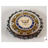UNITED STATES NAVY BELT BUCKLE- NAVY SEAL IN MIDDLE, 30 SPENT CARTRIDGE HULLS & ROPE BORDER