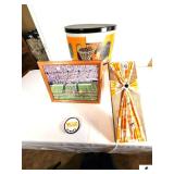 TENNESSE VOLUNTEER COLLECTIBLES- VOLUNTEER POPCORN TIN- DECORATIVE WALL CROSS WITH TN ORANGE & WHITE RIBBON- FRAMED PICTURE OF NEYLAND STADIUM-