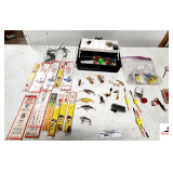 FISHING TACKLE BOX AND ACCESSORIES- LURES, BOBBERS, HOOKS- MISC ITEMS