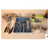 REVERE STAINLESS STEEL WARMER SET - STAINLESS FLATWARE IN TRAY - MISC KNIVES - GREASE CONTAINER