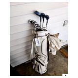 NANCY LOPEZ NORTHWESTERN GOLF CLUBS AND BAG- 8 IRONS AND 3 WOODS- #3, #4, #5, #6, #7, #8, #9, AND 1400 PUTTER- STEEL SHAFT- #1, #3, & #5 CLUB- WHITE BAG, NEEDS CLEANING