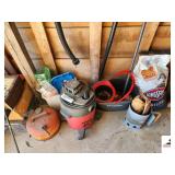 6 GALLON SHOP VAC- O-CEDEVEAR WASH BUCKET WITH STRAIN - GINGSFORD CHARCOAL- GRILL LIGHTER- GAS CAN- PLASTIC TUB WITH SCOOP - GRILL BRUSH - GRILL SCRAPER - GRILL RACK- VACUUMN HOSE FOR SHOP VAC