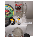 BUDWEISER CLYDESDALE LARGE GLASS MUG - MASH 4077 VODKA HANGING BOTTLE - BUDWEISER 50TH ANNIVERSARY GLASS - ASHTRAYS - GLADD "DAD" EMBLEM - CAMEL JOE SALT & PEPPER SHAKERS - LEATHER BOUND ASHTRAY - TIN
