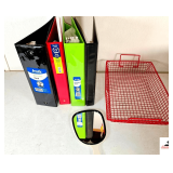 (4) 3-RING BINDERS - RED METAL BASKET - HAND MIRROR - ZIP-TOP REUSEABLE ENVELOPES