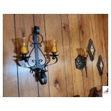ROD IRON TRIPLE CANDLE SCOUNCE- (2) PLASTIC CANDLE SCOUNCE- (2) PICTURES- FLORAL WREATH