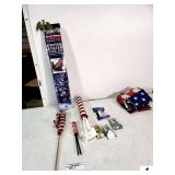 SMALL AMERICAN FLAG COLLECTION- HOUSE MOUNTING HARDWARE & POLE- CAR WINDOW FLAG WAVER-  QUICK STICK MAILBOX FLAG MOUNT - 3 FLAGS & 2 WOOD POLES