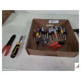 (14) NUT DRIVERS -HAND SOCKET BALL- WIRE STRIPPERS- TOYSLAND TOOL-PAIR OF CUTTERS- CLAW HAMMER