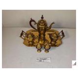 BUDDHA BRASS ETCHED TEA SET W/ TRAY - TEA POT - SUGAR BOWL - CREAMER BOWL - SALT & PEPPER SHAKERS