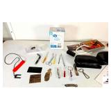 MINI ADVERTISEMENT SCREWDRIVERS - SCISSORS - PENS - BAG ORNAMENT - VINTAGE OPENERS PEPSI & BUDLIGHT - VINYL BAGS - CORDS - BOX OF WHITE PLASTIC CUTLERY - MISC